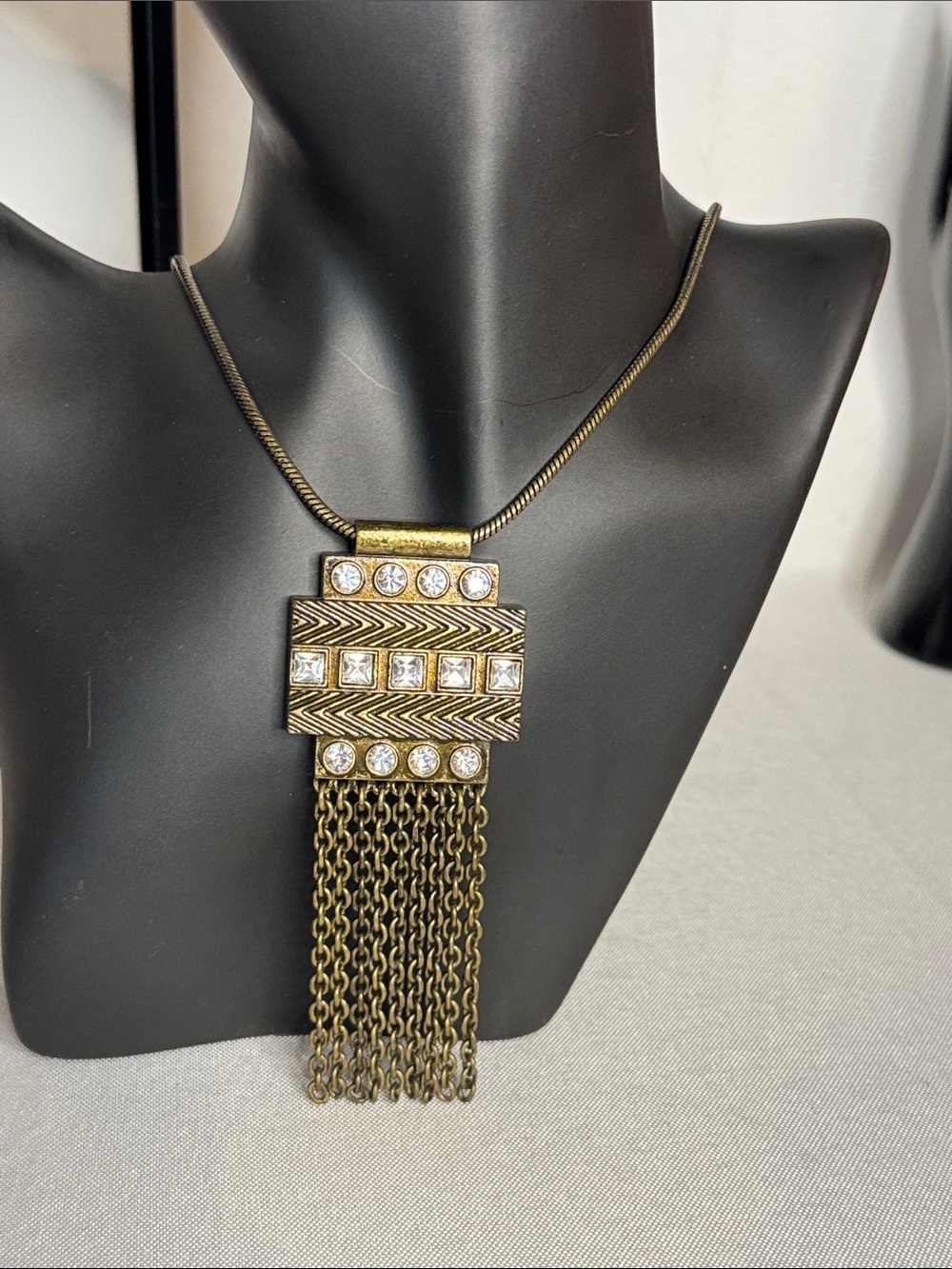 Lia Sophia Antique Gold-Tone Geometric Tassel Necklace with Clear Crystals